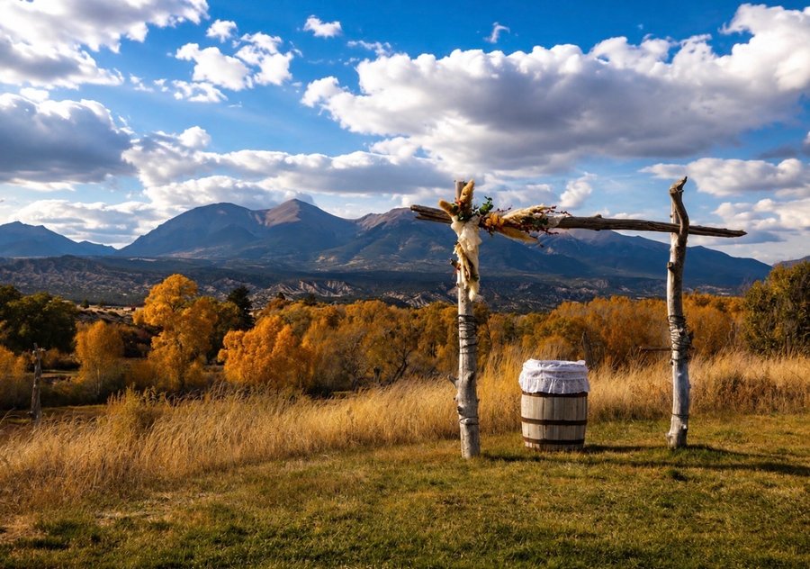 Wedding ceremony arch with mountain view